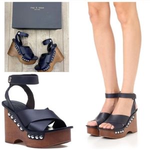 NIB Rag & Bone Hester Navy Leather & Wood Studded Platform Wedge Sandals size 9